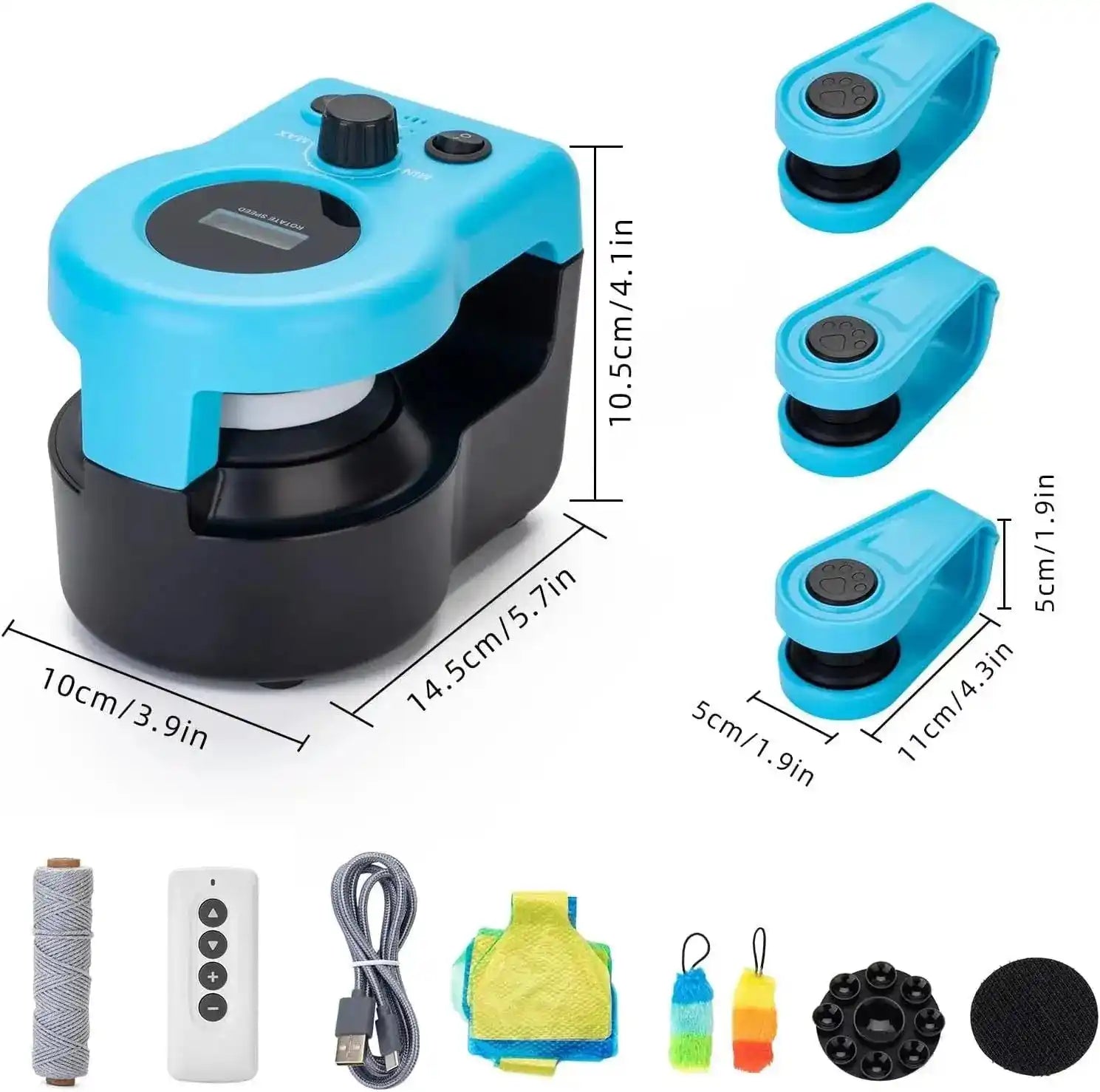 Detailed dimensions and accessories of the interactive cat weight loss toy, including remote control, USB cable, and addition