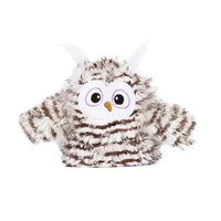 Plush owl-shaped cat toy with soft fur and flapping wings, designed for interactive play and entertainment.