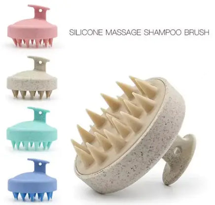 Soft rubber shampoo brush in four colors: pink, blue, green, and beige, featuring soft bristles for scalp massage and eco-friendly material.