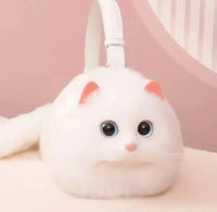 White handmade plush cat bag with pink ears and blue eyes, featuring a white strap and soft plush texture, perfect for cat lovers.