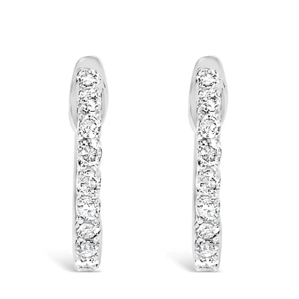 Front view of .925 sterling silver petite hoop earrings with 1/6 cttw diamonds, emphasizing their sparkling design.