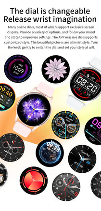 Customizable smartwatch dials with various designs, including analog and digital styles, offering personalization options.