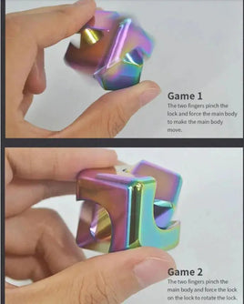 Step-by-step guide showing a rainbow fidget cube being manipulated for stress relief, highlighting its interactive features.