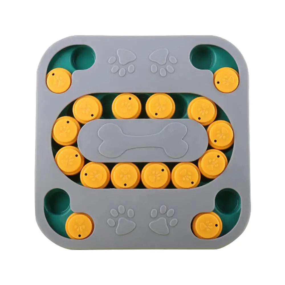 Top view of a gray and yellow dog puzzle toy featuring paw prints and treat compartments for interactive play.
