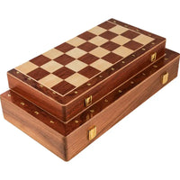 Folded wooden chessboard with brass clasps, showcasing the compact design of the Large Children's Wooden Folding Chess Set.