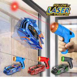 Anti gravity car toy in blue climbing a wall using a laser-guided remote control, available in multiple colors including red and green.