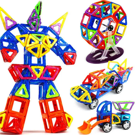 Mini Magnet Toys Building Blocks set featuring colorful magnetic shapes assembled into a robot, a wheel, and vehicles for creative play.