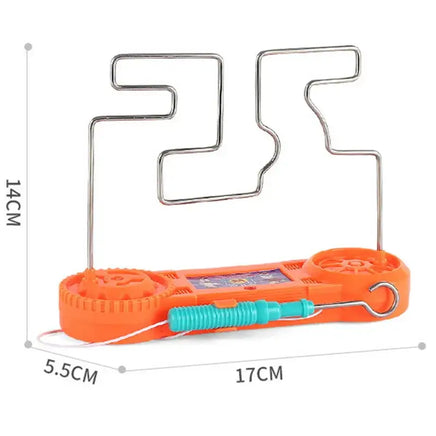 Orange electric bump maze toy with dimensions 17cm x 14cm x 5.5cm, highlighting its compact and portable design.