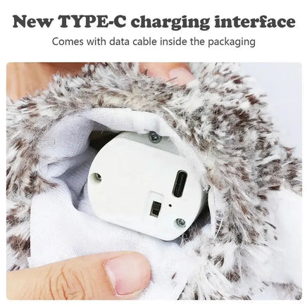 Close-up of the Type-C charging interface on the owl cat toy, with a data cable included in the packaging.