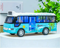 Die-cast metal school bus toy with a summer-themed design, featuring palm trees, bright colors, and detailed windows, perfect for imaginative play.