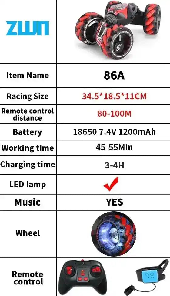 RC stunt car specifications including size, battery capacity, working time, LED lights, and remote control features.