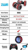 RC stunt car specifications including size, battery capacity, working time, LED lights, and remote control features.