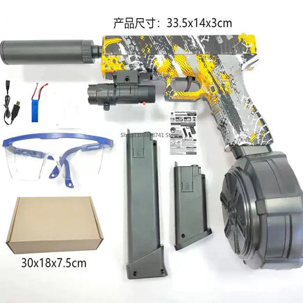 Yellow and gray automatic airsoft gun toy set with accessories including goggles, magazines, and a charger, perfect for kids' play.