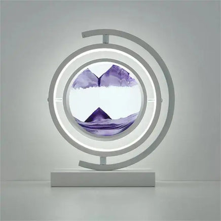 3D Quicksand Table Lamp with mesmerizing purple quicksand effects, circular design, and modern white frame for artistic home decor.