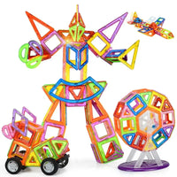 Mini Magnet Toys Building Blocks forming a robot, a wheel, and a vehicle, highlighting versatile designs and creative potential.