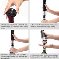 Step-by-step guide showing how to use an electric wine opener for effortless cork removal from wine bottles.