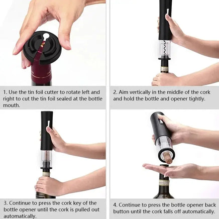 Step-by-step guide showing how to use an electric wine opener for effortless cork removal from wine bottles.