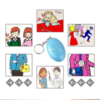 Keychain emergency alarm with illustrations showing its use in various scenarios like personal safety and theft prevention.