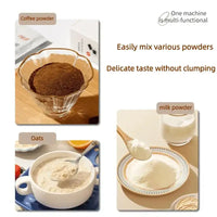 Self-Stirring Electric Coffee Mug mixing various powders like coffee, oats, and milk powder for a clump-free, smooth texture.