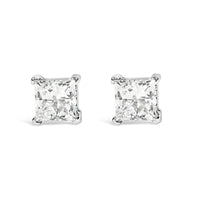 14K white gold solitaire stud earrings featuring princess cut lab-grown diamonds with F-G color and VS2-SI1 clarity, elegant and timeless design.