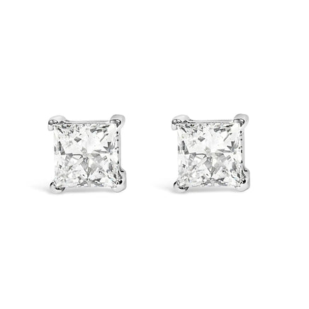 14K white gold solitaire stud earrings featuring princess cut lab-grown diamonds with F-G color and VS2-SI1 clarity, elegant and timeless design.