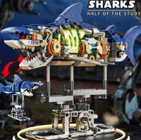 Detailed model of a shark made from building blocks with LED lights for educational play