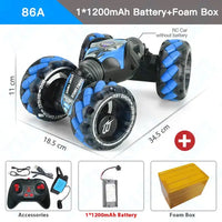 Blue RC stunt car with one 1200mAh battery and accessories, showcasing its dimensions and packaging.