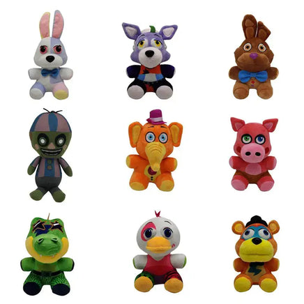 Nine assorted NAF plush toys with vibrant designs, including animals and dolls, perfect for collectors.