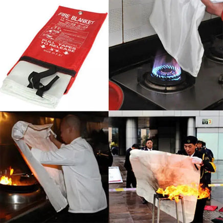 Fire Blanket Emergency Fiberglass Cloth in use, extinguishing flames on a stove and during outdoor fire emergencies, with red packaging displayed.