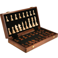 Open wooden folding chess set displaying neatly arranged light and dark chess pieces on black velvet lining.