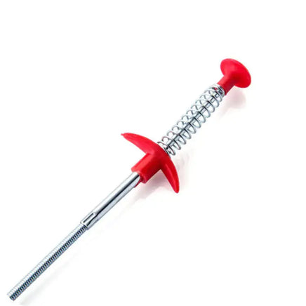 Close-up of the red-handled spring pipe dredging tool, highlighting its ergonomic design and durable spring mechanism.