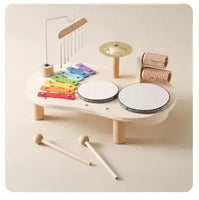 Baby Wooden Musical Instruments Toys featuring a xylophone, drums, cymbal, and chimes on a wooden base. Perfect for early music education.