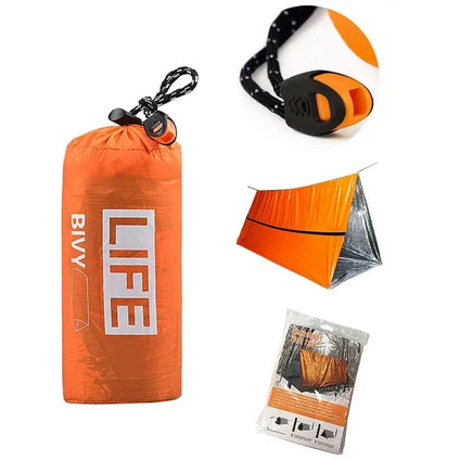 Orange survival tube emergency tent with whistle, waterproof material, and compact storage bag. Includes setup instructions and accessories.