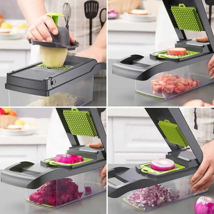 Black multifunctional kitchen slicer in use, demonstrating dicing and slicing onions and vegetables into a transparent container.