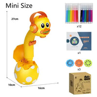 Mini-sized Kids Art Table Set with a yellow duck projector, markers, stencil discs, and an art booklet for artistic fun.