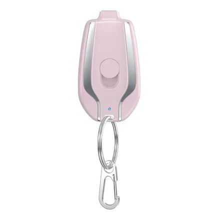 Pink 1500mAh emergency power bank with a keyring attachment, combining functionality with a stylish design.