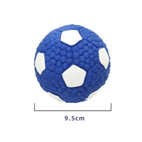 Blue and white squeaky dog toy shaped like a soccer ball, measuring 9.5 cm, designed for interactive pet play and entertainment.