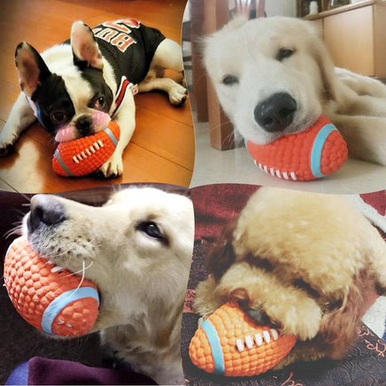 Squeaky Dog Toys shaped like footballs, enjoyed by various dog breeds, providing engaging playtime and entertainment.