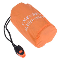 Orange waterproof reusable emergency sleeping bag with a whistle and drawstring, ideal for survival and emergency preparedness.