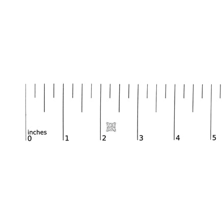 Size comparison of 14K white gold princess cut diamond stud earrings against a ruler, measuring approximately 2.75 mm in width.