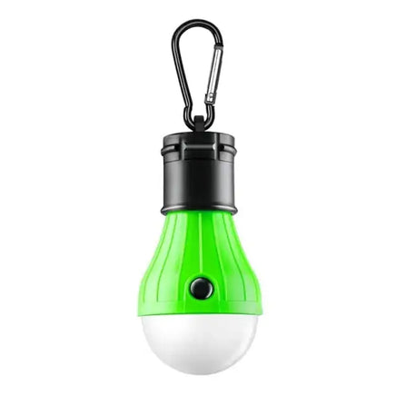 Green emergency light bulb with carabiner hook for versatile use. Compact and water-resistant for outdoor and emergency lighting.