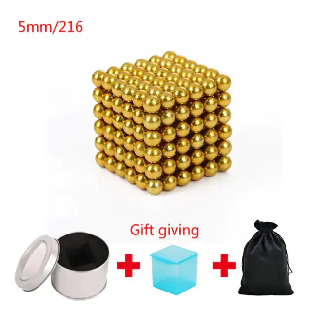 Gold magnetic metal balls in a 5mm cube set of 216 pieces, with a storage tin, gift box, and pouch included.