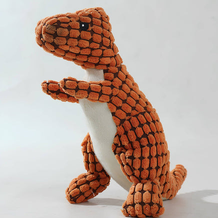 Orange dinosaur plush dog toy with a soft and textured design, ideal for pet playtime.