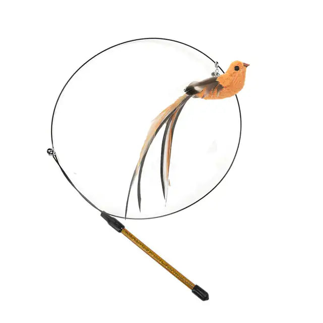 Orange bird-shaped toy attachment with long tail feathers, designed for use with a fishing rod-style cat toy.