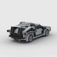 Delorean Classic Building Blocks showcasing the rear view of the gray car model with detailed construction and precision design.