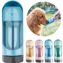 Portable pet water bottle feeder for dogs in various colors with a built-in drinking bowl, shown with a dog drinking outdoors.