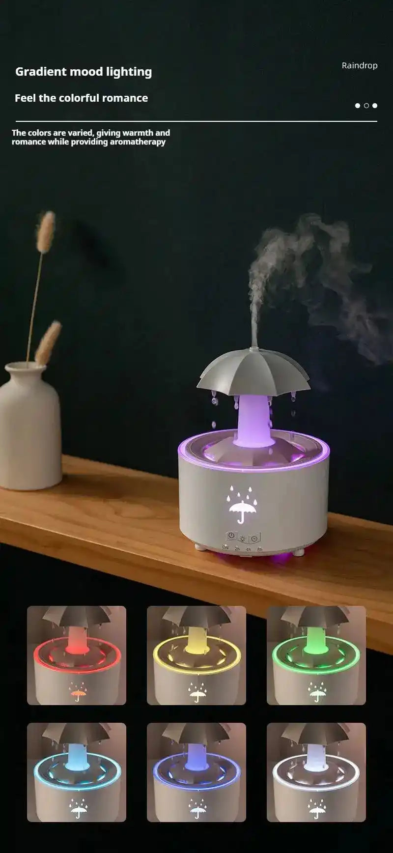 Raindrop Aromatherapy Humidifier with gradient mood lighting, offering multiple color options for a soothing and romantic atm