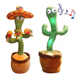 Two dancing cactus toys, one wearing a sombrero with maracas, and the other glowing with music notes, showcasing their speaking and dancing features.