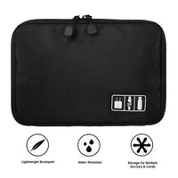 Black gadget organizer bag with water-resistant material, lightweight design, and multiple storage compartments.