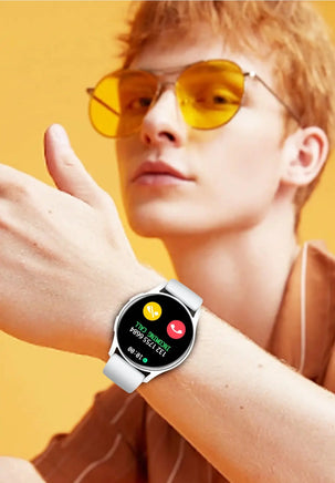 Stylish individual wearing a white smart bracelet, demonstrating Bluetooth calling functionality on the screen.